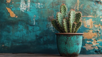 Wall Mural - Cactus in rustic vase against a vibrant textured wall showcasing natural greenery and artistic home decor elements.