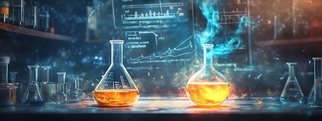 Poster - Two laboratory flasks with glowing liquids and scientific charts in a research environment.