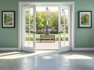 Poster - A serene view through open doors showcasing a park with a fountain and bench.