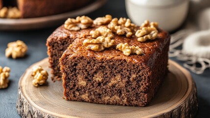 Canvas Print - Walnut cake slice on wooden board topped with walnuts against a dark background showcasing delicious baked dessert.