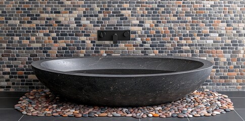 Aufkleber - A modern stone bathtub on a pebble base with a textured wall backdrop.