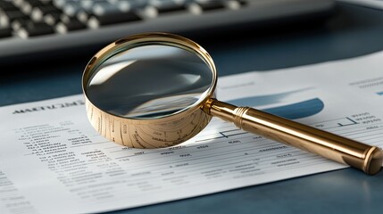 Poster - Detailed financial graphs and charts are examined closely with a magnifying glass to uncover data trends in a professional environment