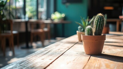 Sticker - Cactus pots arranged on wooden table in a cozy cafe setting with natural light and greenery in the background