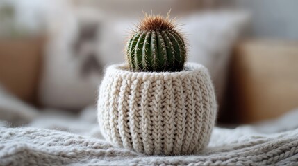 Canvas Print - Cactus displayed in a cozy knitted pot enhancing a warm and inviting home decor atmosphere