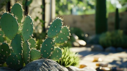 Wall Mural - Close-up of a green cactus with thorns set against a natural rocky landscape in a sunlit garden showcasing vibrant plant life.