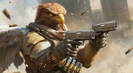 Poster - A fierce anthropomorphic eagle character wielding dual pistols in a dynamic action scene.