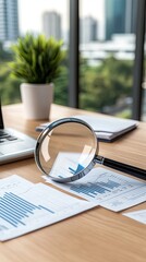 Poster - Detailed financial graphs and charts are examined closely with a magnifying glass to uncover data trends in a professional environment