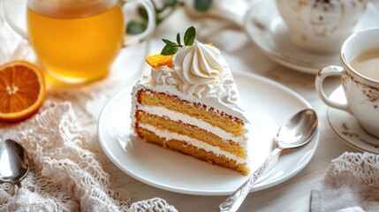 Canvas Print - Delicious slice of cream cake on a white plate with orange tea and elegant teapot in a cozy setting decorated with fresh orange slices