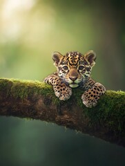 Poster - A young jaguar cub rests on a moss-covered branch in a serene forest setting.