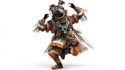 Aufkleber - A person dressed in a colorful, ornate costume and helmet, blending traditional and futuristic styles.