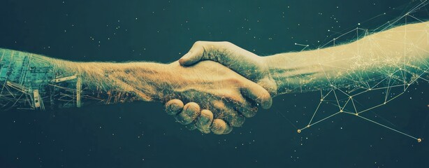 Poster - A handshake between a human hand and a robotic hand symbolizes collaboration and technology.