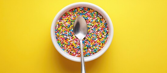 Sticker - Colorful sweet sprinkles in white bowl with silver spoon on vibrant yellow background creating a cheerful dessert atmosphere