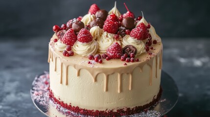 Wall Mural - Elegant red velvet cake adorned with fresh raspberries and chocolate, perfect for celebrating Women's Day or special occasions.