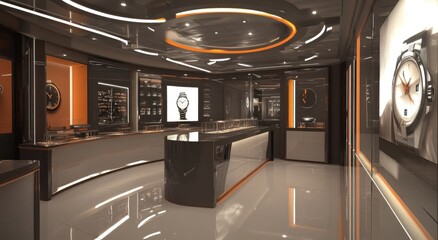 Poster - A modern watch showroom featuring sleek displays and elegant lighting.