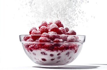 Poster - A bowl of raspberries topped with powdered sugar, emphasizing a fresh dessert presentation.