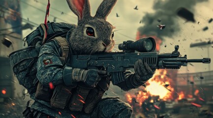 Poster - A rabbit in military gear wielding a sniper rifle amidst a chaotic battlefield.