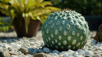 Wall Mural - Cactus sphere in decorative garden setting surrounded by white pebbles showcasing unique light green skin and prominent thorns.