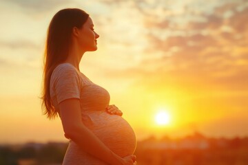 Aufkleber - Reflecting on motherhood in a beautiful sunset with a silhouette of a pregnant woman against a vibrant sky. Generative AI