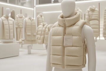 Poster - A display of beige puffer vests in a modern retail space.