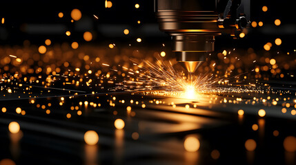Poster - A focused laser cuts through metal, creating sparks and illuminating the surroundings with a warm glow