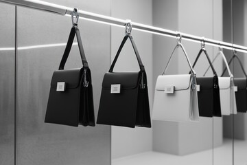 Poster - A minimalist display of stylish handbags in black and white on a modern rack.