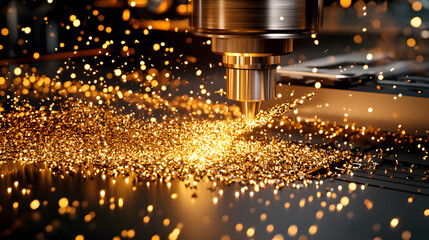 Poster - A close-up view of a CNC machine cutting metal, producing sparks and glittering particles, showcasing precision and craftsmanship in manufacturing
