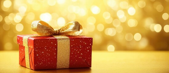 Canvas Print - Red gift box with a gold ribbon on a warm yellow background ideal for holiday promotions and festive greetings with space for text.