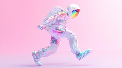 Poster - A futuristic astronaut figure in a colorful, reflective suit, walking against a pink backdrop.
