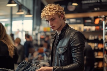 Poster - A young man browses clothing in a busy store, showcasing a casual shopping atmosphere.