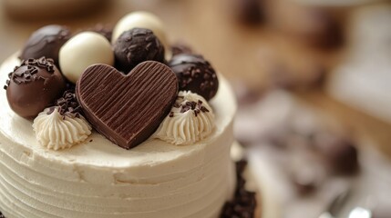 Canvas Print - Chocolate decorated cake with heart shaped ornament and assorted chocolate balls on top against a blurred background.