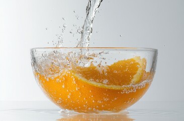Poster - A bowl of orange slices splashing in water, showcasing freshness and vitality.
