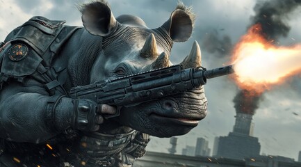 Poster - A rhinoceros in tactical gear wielding a weapon in a dystopian urban environment.