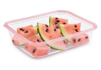 Poster - A container filled with fresh watermelon slices, showcasing vibrant colors and seeds.