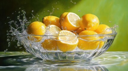 Poster - A vibrant bowl of lemons splashing in water, showcasing freshness and vitality.