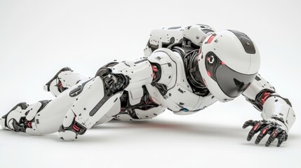 Fototapete - A futuristic humanoid robot in a crawling position on a white background.