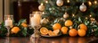 © DigitalDruid - Christmas decor with tangerines candles and festive garlands beside a beautifully adorned tree creating a cozy holiday ambiance