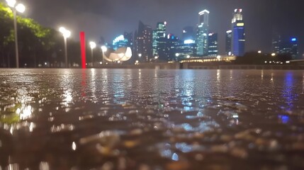 Poster - A rainy night scene reflecting city lights on wet pavement.