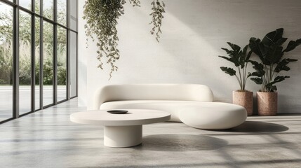 Poster - A modern, minimalist living space with a curved sofa, round table, and indoor plants.