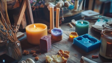 Wall Mural - A cozy candle-making corner with molds and scented waxes, Candle-making supplies and tools laid out, Artistic and aromatic style