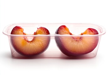 Poster - Two halved plums in a clear plastic container, showcasing their vibrant colors and texture.