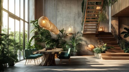 Poster - A modern interior featuring natural elements, plants, and a wooden dining table.
