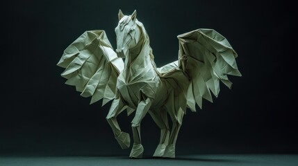 Poster - A detailed origami sculpture of a horse with wings, showcasing intricate craftsmanship.