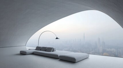 Poster - Modern minimalist living space with a panoramic city view.