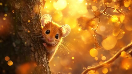Poster - A cute mouse peeks from behind a tree, surrounded by a warm, golden autumn atmosphere.