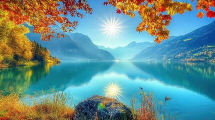 Poster - A serene lake surrounded by mountains and autumn foliage, reflecting sunlight and tranquility.