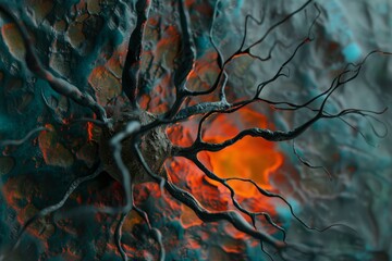 Poster - A neuron depicted with vibrant orange and black flames, symbolizing energy and dynamic activity in the nervous system. Stylised representation of a neuron.