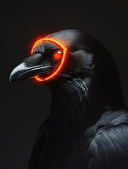 Poster - A stylized black raven with glowing red eyes and a neon halo effect.