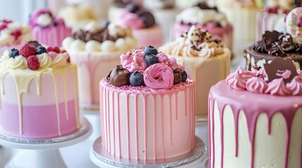 Canvas Print - Succulent pastel cakes adorned with fresh berries and decadent toppings elegantly arranged in a delightful row on a display table.