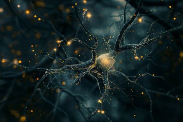 Poster - A detailed depiction of the brain, showcasing its complex anatomy and functions. Stylised representation of a neuron.