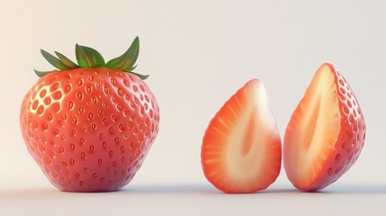 Poster - A whole strawberry next to two halves, showcasing its vibrant color and texture.